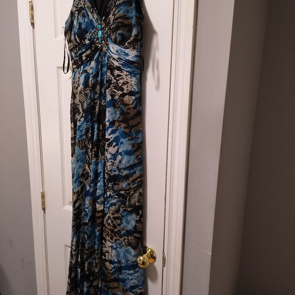 Laura Petites blue floral sleeveless dress with front ribbon / tail - Picture 1 of 8